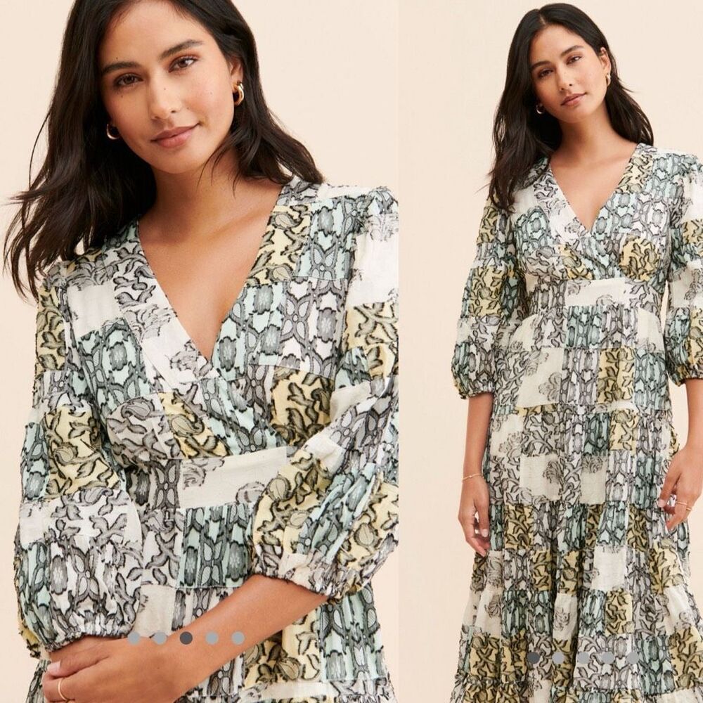 Anthropologie Medium Textured Midi Dress Patchwork Tiered wrap Boho - Picture 5 of 13